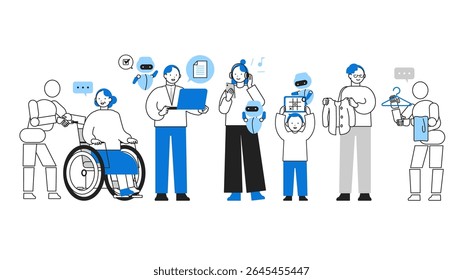 Conceito: ilustrar como pessoas diversificadas integram a IA em rotinas diárias com confiança e facilidade. Uma coleção de chefes de personagens de desenhos animados de Pessoas interagindo com a IA em situações cotidianas. 