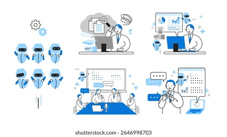 Conceito: ilustrar como pessoas diversificadas integram a IA em rotinas diárias com confiança e facilidade. Chefes de personagens de desenhos animados de Pessoas interagindo com IA em situações cotidianas.