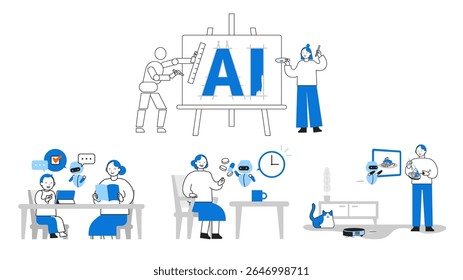 Conceito: ilustrar como pessoas diversificadas integram a IA em rotinas diárias com confiança e facilidade. Uma coleção de chefes de personagens de desenhos animados de Pessoas interagindo com a IA em situações cotidianas. 