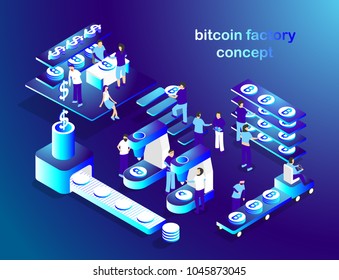 Concept illustrating work of a blockchain and bitcoin. Isometric factory showing a blockchain and cryptocurrency. Can be used on web, presentation and other projects. Vector illustration. EPS 10.