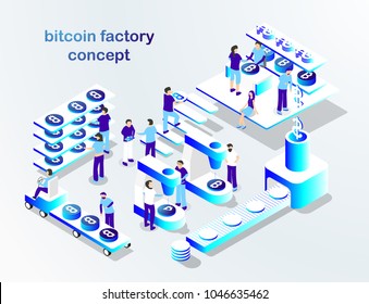 Concept illustrating work of a blockchain and bitcoin. Isometric factory showing a blockchain and cryptocurrency. Can be used on web, presentation and other projects. Vector illustration. EPS 10.