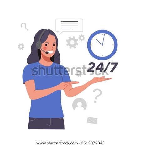 Concept illustration of 24 7 support service. Vector illustration.