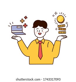 Concept illustration about banking, savings and profit. Office worker character.