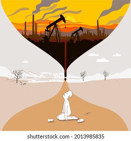 Concept illustration about climate change and effects from power industry that damaging environment. Metaphorical hourglass, silhouette of oil well and power industry  polluting environment.