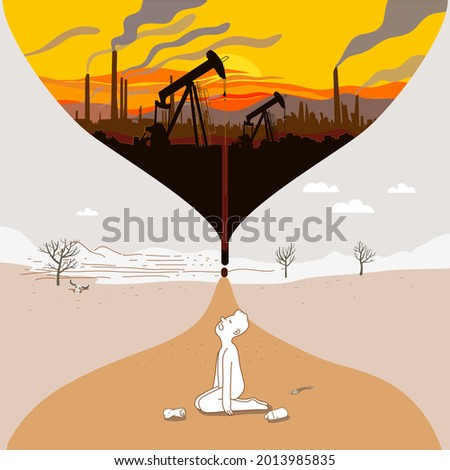 Concept illustration about climate change and effects from power industry that damaging environment. Metaphorical hourglass, silhouette of oil well and power industry  polluting environment.