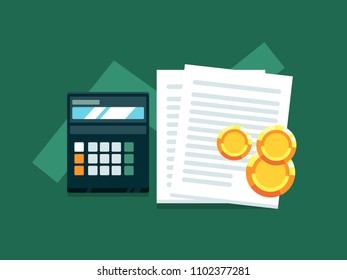 Concept illustration about counting growing finance. With calculator, coins, schedule and pages. Vector, isolated