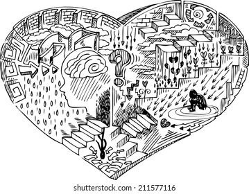 Concept illustration about depression and sadness in heart shape