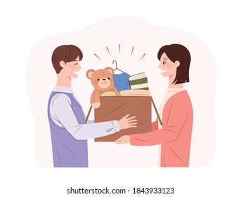 Ilustración conceptual sobre donar cosas. Una persona que da una caja de donaciones que contiene ropa, libros y muñecas.