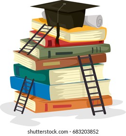 Concept Illustration About Education Featuring a Ladder Resting Against a Pile of Books With a Graduation Cap on Top