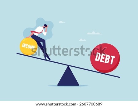 Concept illustration about installment debt, income and debt with seesaw showing higher debt than income, businessman failure to balance between debit and income on the seesaw
