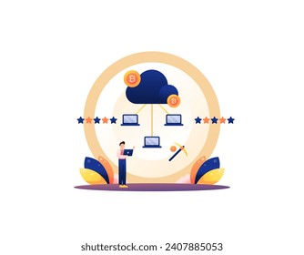 a concept illustration about mining bitcoin. crypto mining system. get bitcoins by mining. business and blockchain. cartoon illustration concept design. graphic elements. vector