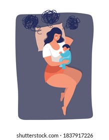 Concept Illustration About Postpartum Depression, Worry, And Anxiety Of A Young Mom. The Woman Sleeps With The Child On The Bed And Cries. Vector Illustration Isolated On White Background