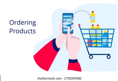 Concept illustration about purchasing products using a mobile phone app. Template for a horizontal banner.