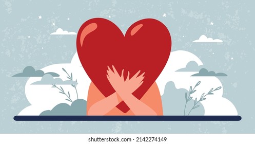 Concept illustration about self love, care and support, mental health. Psychological banner, man or woman hugging a big heart. Background for a psychologist, psychotherapist, the effectiveness of