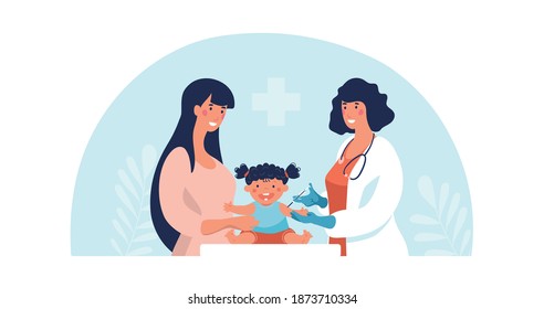 Concept illustration about vaccination of children, mother and child at the doctor s appointment. The pediatrician treats the baby. Flat vector illustration isolated on white background