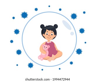 Concept illustration about vaccination of children. Little girl floating in bubble protect herself from COVID-19. Happy little girl protected from disease and viruses. 