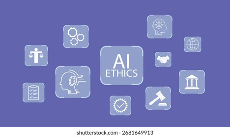 Una ilustración conceptual de la ética de la IA, con iconos para la ley, la equidad y la tecnología responsable. Representa el marco moral y legal para construir y desplegar sistemas artificiales confiables 
