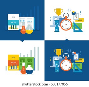Concept illustration - analysis and strategy studies and the acquisition of knowledge, strategy planning, project management and time management. Vector illustrations light and dark background.