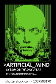 Concept Illustration Of Artificial Intelligence, High-tech Cybernetic Future Robot, Human Machine. Distorted 3d Mask Of Human Face. Cover For AI Hackathon, Deep Learning Computer Vision Algorithm.