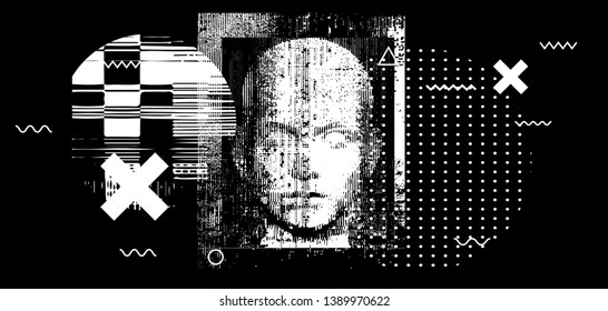 Concept illustration of artificial intelligence, high-tech cybernetic future robot, human machine. Distorted 3d mask of human face. Cover for AI Hackathon, Deep Learning Computer Vision Algorithm.