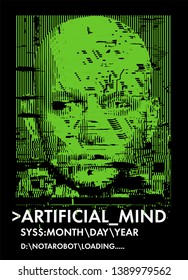 Concept Illustration Of Artificial Intelligence, High-tech Cybernetic Future Robot, Human Machine. Distorted 3d Mask Of Human Face. Cover For AI Hackathon, Deep Learning Computer Vision Algorithm.