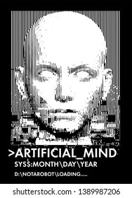 Concept Illustration Of Artificial Intelligence, High-tech Cybernetic Future Robot, Human Machine. Distorted 3d Mask Of Human Face. Cover For AI Hackathon, Deep Learning Computer Vision Algorithm.