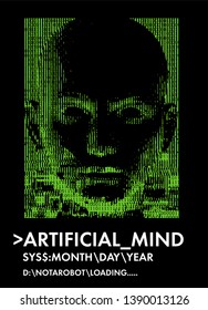 Concept Illustration Of Artificial Intelligence, High-tech Cybernetic Future Robot, Human Machine. Distorted 3d Mask Of Human Face. Cover For AI Hackathon, Deep Learning Computer Vision Algorithm.