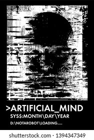 Concept Illustration Of Artificial Intelligence, High-tech Cybernetic Future Robot, Human Machine. Distorted 3d Mask Of Human Face. Cover For AI Hackathon, Deep Learning Computer Vision Algorithm.