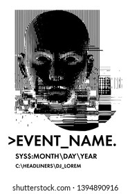 Concept illustration of artificial intelligence, high-tech cybernetic future robot, human machine. Distorted 3d mask of human face. Cover for AI Hackathon, Deep Learning Computer Vision Algorithm.
