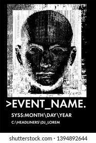 Concept illustration of artificial intelligence, high-tech cybernetic future robot, human machine. Distorted 3d mask of human face. Cover for AI Hackathon, Deep Learning Computer Vision Algorithm.