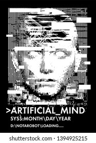 Concept Illustration Of Artificial Intelligence, High-tech Cybernetic Future Robot, Human Machine. Distorted 3d Mask Of Human Face. Cover For AI Hackathon, Deep Learning Computer Vision Algorithm.