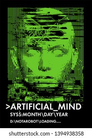 Concept Illustration Of Artificial Intelligence, High-tech Cybernetic Future Robot, Human Machine. Distorted 3d Mask Of Human Face. Cover For AI Hackathon, Deep Learning Computer Vision Algorithm.