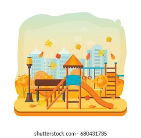 Concept illustration - autumn kids playground, entertainment in the form of horizontal bars and swings, walking park. Autumn city park. Modern vector illustration isolated.