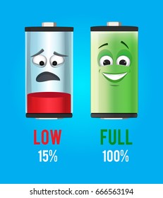 Concept illustration. Batteries characters with full and low charge. Vector mascot design