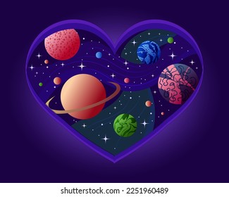 Concept illustration of  big heart as galaxy with planets, mars, jupiter, venus, space clouds and stars. Greeting design for post, poster, postcard, cover. Valentine's day card template 