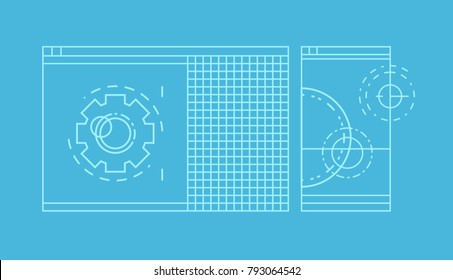 Concept illustration of blueprint. Two windows with gear, circles and grid