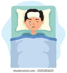 concept illustration of a boy having a fever in bed, flat style vector illustration.