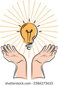 Concept illustration of a bright idea, vector image of a lamp and both hands open