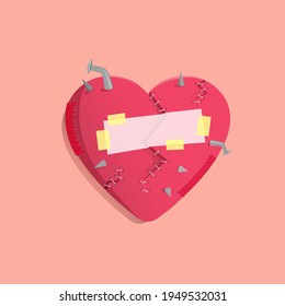 Concept illustration of broken heart with plaster, nails and stitches. Isolated on a peach background