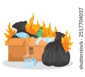 concept illustration of burning a pile of rubbish, burning pile of rubbish, flat style vector illustration.