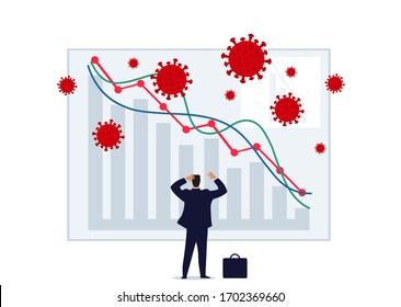 Ilustración conceptual de una crisis comercial debida a la epidemia de coronavirus. Empresario y gráfico de cotizaciones bursátiles en caída, problemas de negocios, desempleo. Ilustración vectorial plana