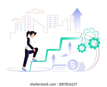 Concept illustration of business growth. Woman climbing the stairs to the top of the chart. Vector illustration.