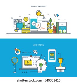 Concept of illustration - business, investments, finance and management, modern techology and learning, education, video tutorial. Vector design for website, banner, printed materials and mobile app.