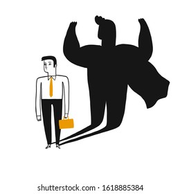 Concept illustration of a business man revealed as a super hero by his shadow. Line art, Vector Illustration hand drawing doodle style.