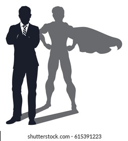 Concept illustration of a business man revealed as a super hero by his shadow