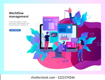 Concept illustration of business, office workers analysis of the evolutionary scale, SEO, market research Web site coding, internet search optimization. Landing page template, social media