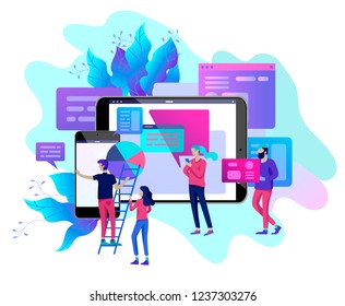 Concept illustration of business, office workers analysis of the evolutionary scale, SEO, market research Web site coding, internet search optimization, banner, presentation, social media