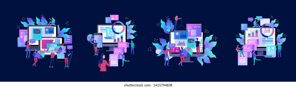 Concept illustration of business, office workers analysis of the evolutionary scale, SEO, market research Web site coding, internet search optimization. Landing page template, social media