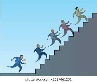 A concept illustration of business people in suits racing up stairs symbolizing competition and hard work.