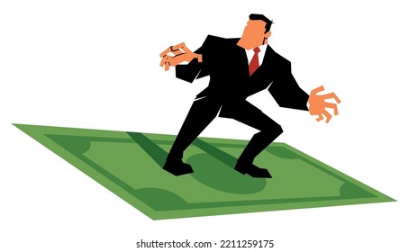 Concept illustration with businessman flying on dollar bill and over white background.